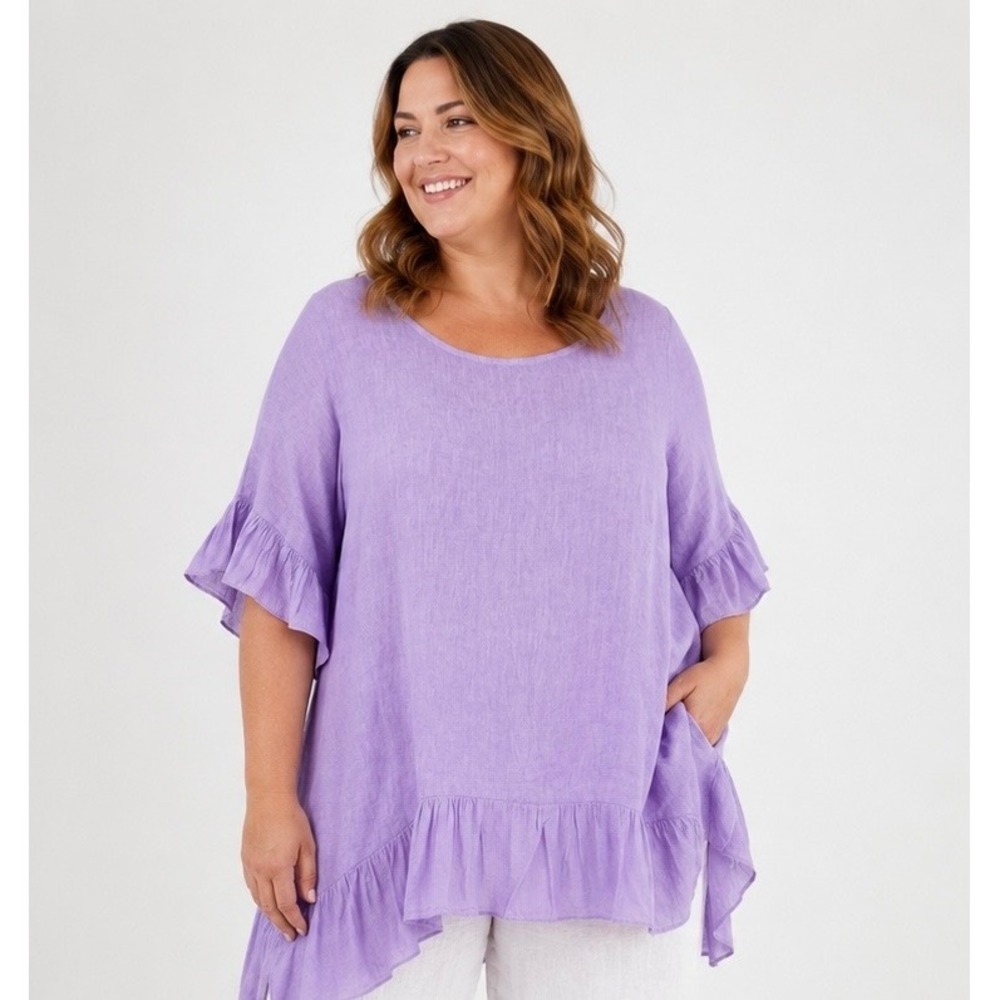 Made in Italy Linen Ruffle Blouse Womens 2X Purple Flutter Sleeve Top Lagenlook